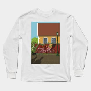 Pink bike with flowers in the Summernight in the street by the cottage in a Scandinavian country Long Sleeve T-Shirt